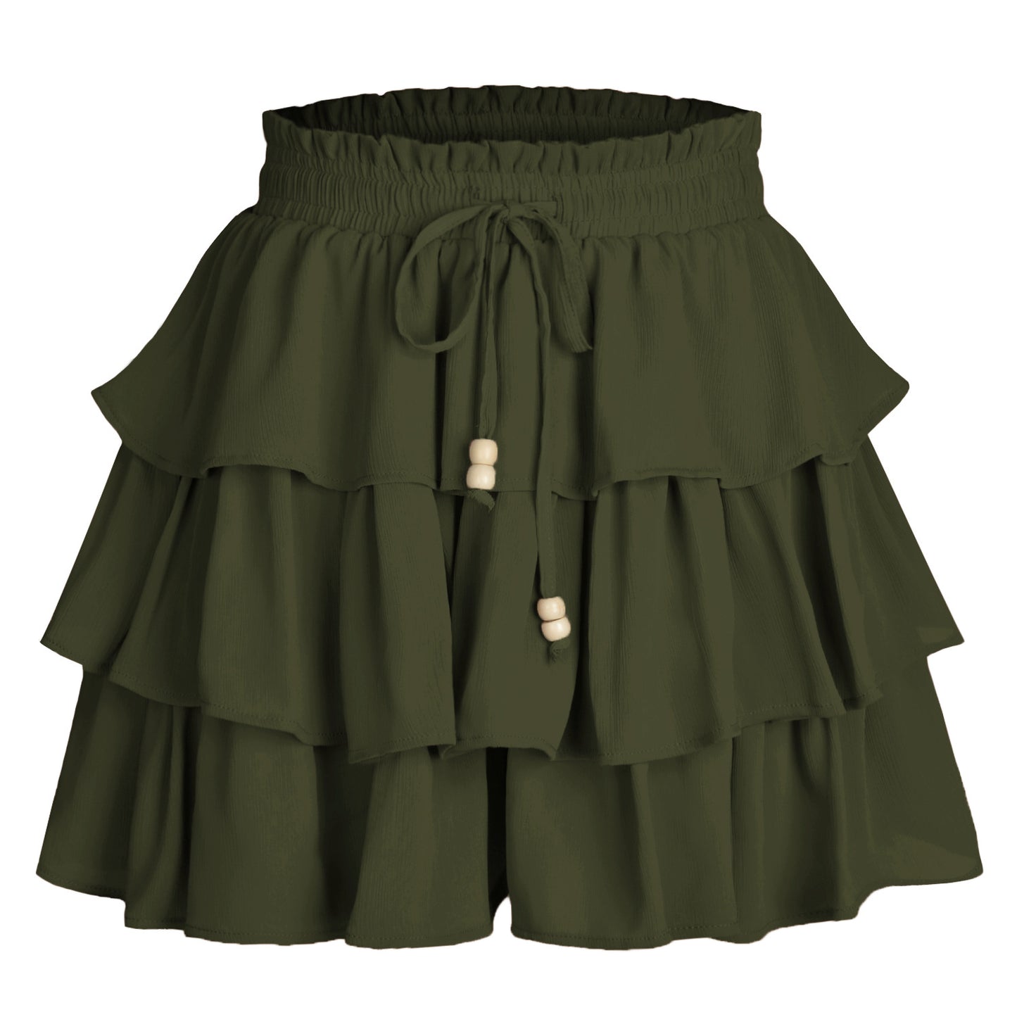 Malbusaat layered lace up pantskirt in olive green with adjustable waistband and tiered ruffles