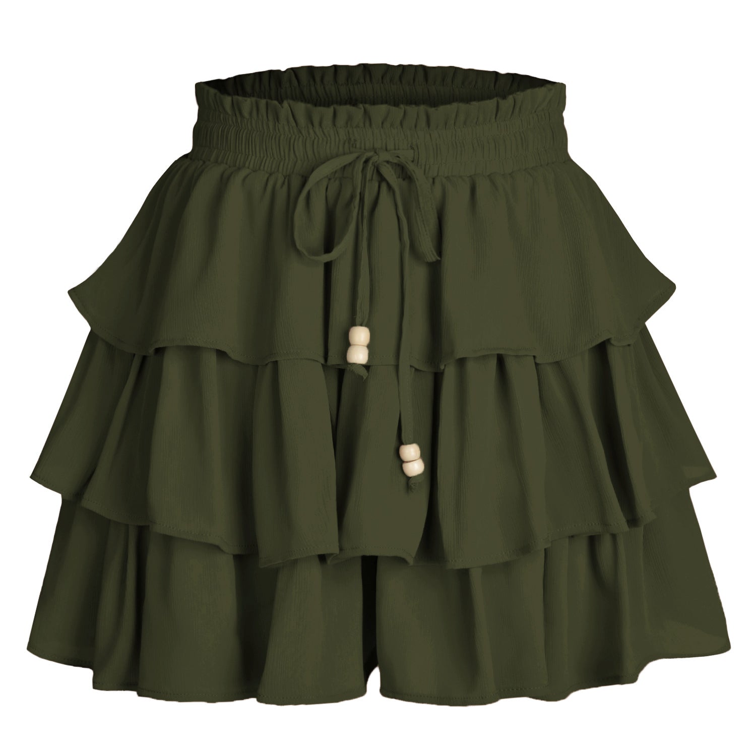Malbusaat layered lace up pantskirt in olive green with adjustable waistband and tiered ruffles