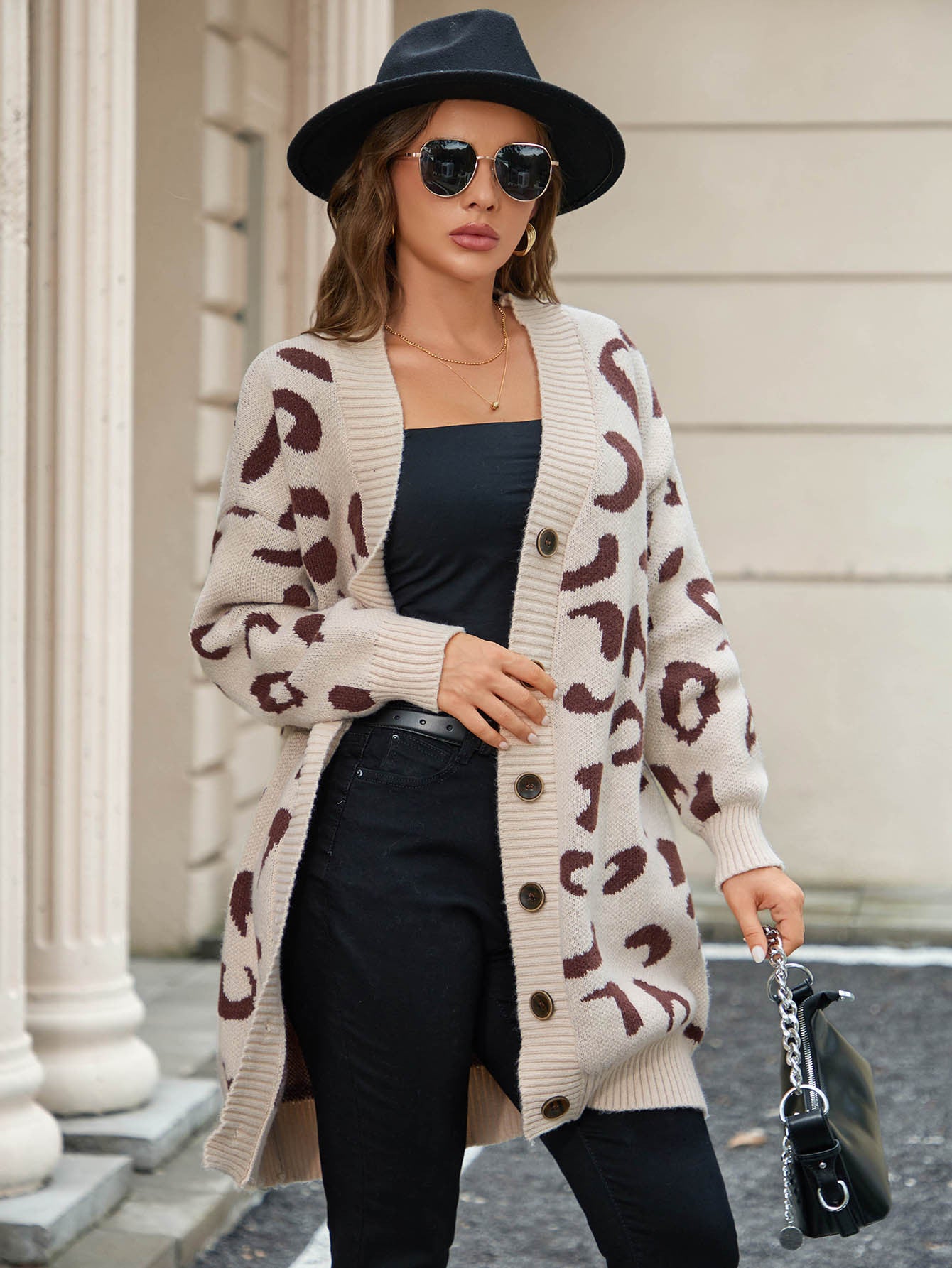 Malbusaat leopard knit cardigan in beige and brown with buttons and oversized fit for stylish layering