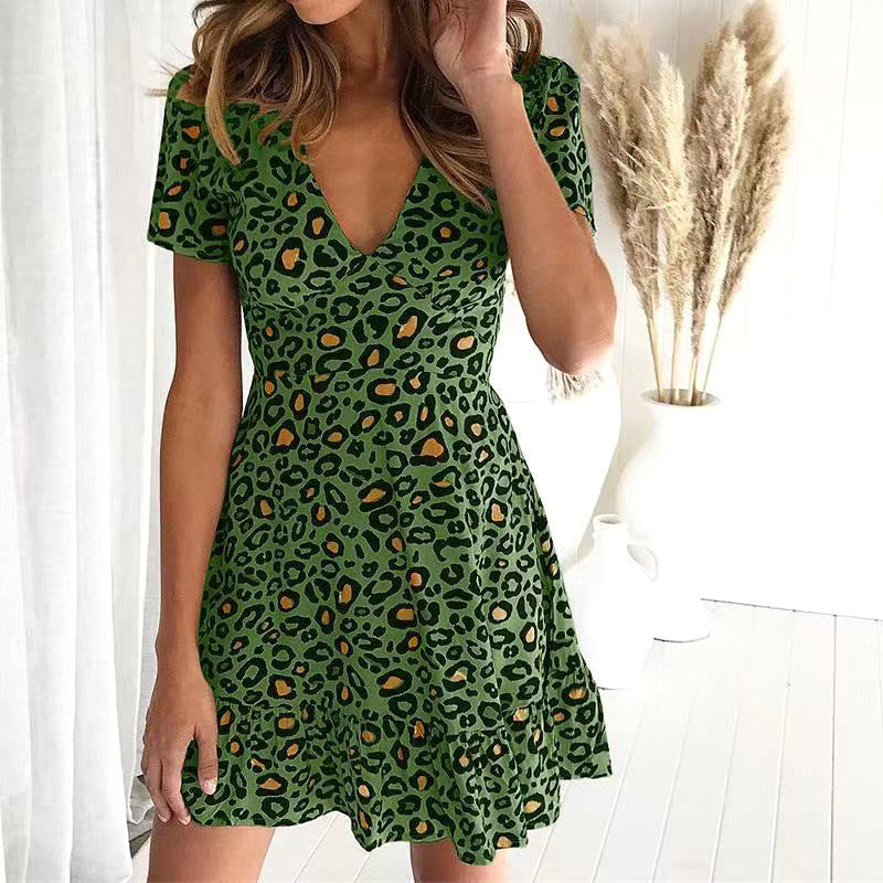 Malbusaat Leopard Print Short V Neck Dress in Green with Flared Skirt and Short Sleeves