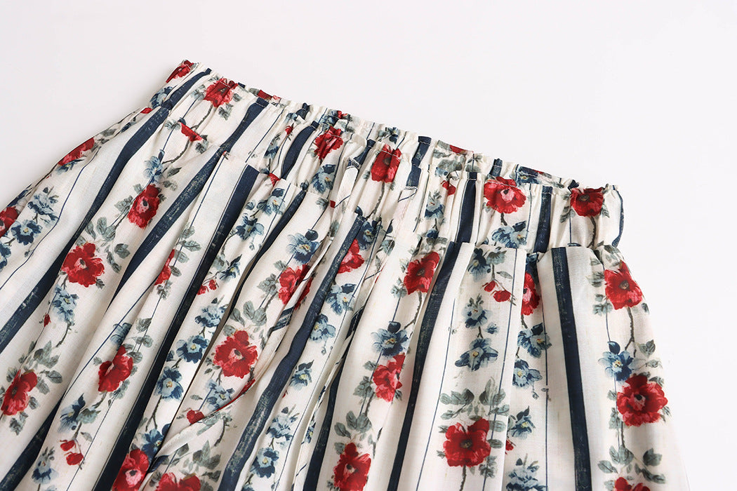 Malbusaat loose straight wide pants for women elastic gathered waistband floral red navy stripes