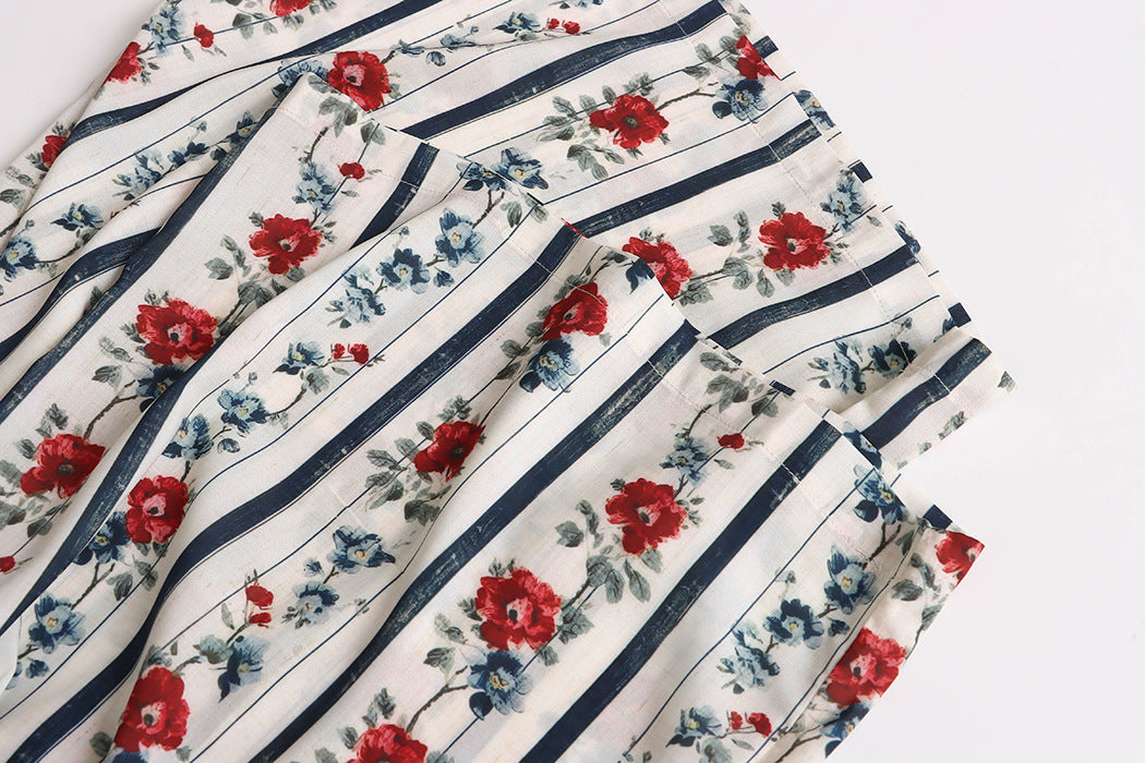 Malbusaat floral striped trousers with red rose print and navy stripes folded flat loose straight wide pants for women casual wear