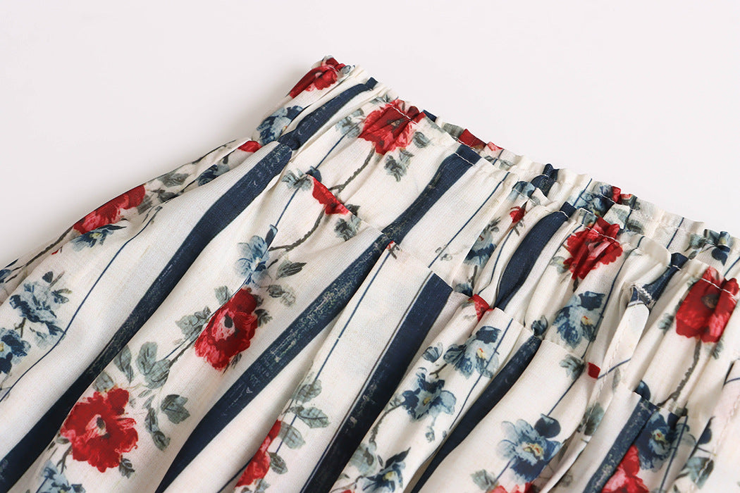 Malbusaat floral striped elasticated waistband loose straight wide pants for women in cream navy red