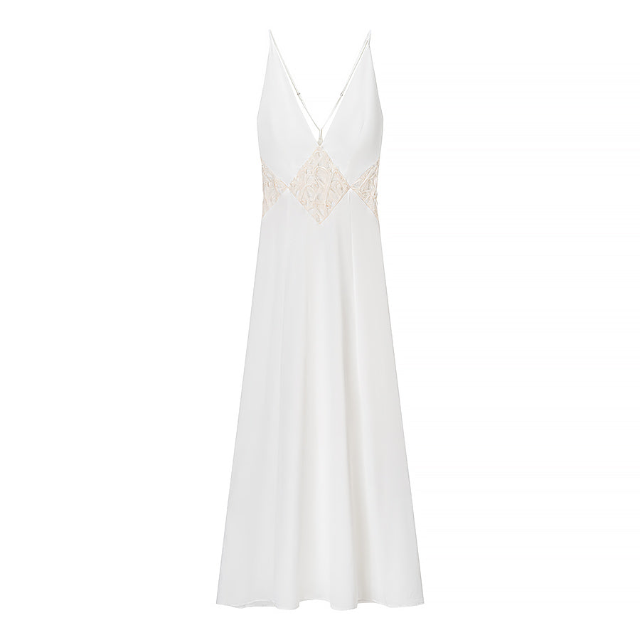 Malbusaat elegant lace maxi dress in white with delicate lace detailing and thin shoulder straps