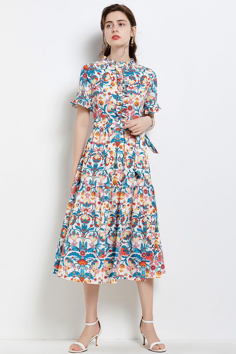 Malbusaat elegant summer maxi dress with colourful floral print and short ruffle sleeves
