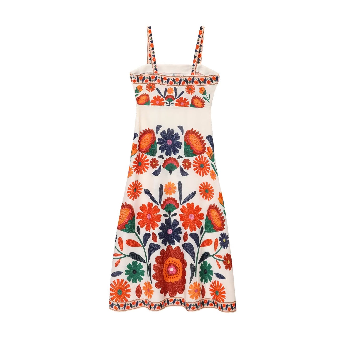 Malbusaat Floral Spaghetti Strap Slim Fit Maxi dress with vibrant orange and green flower patterns on white background