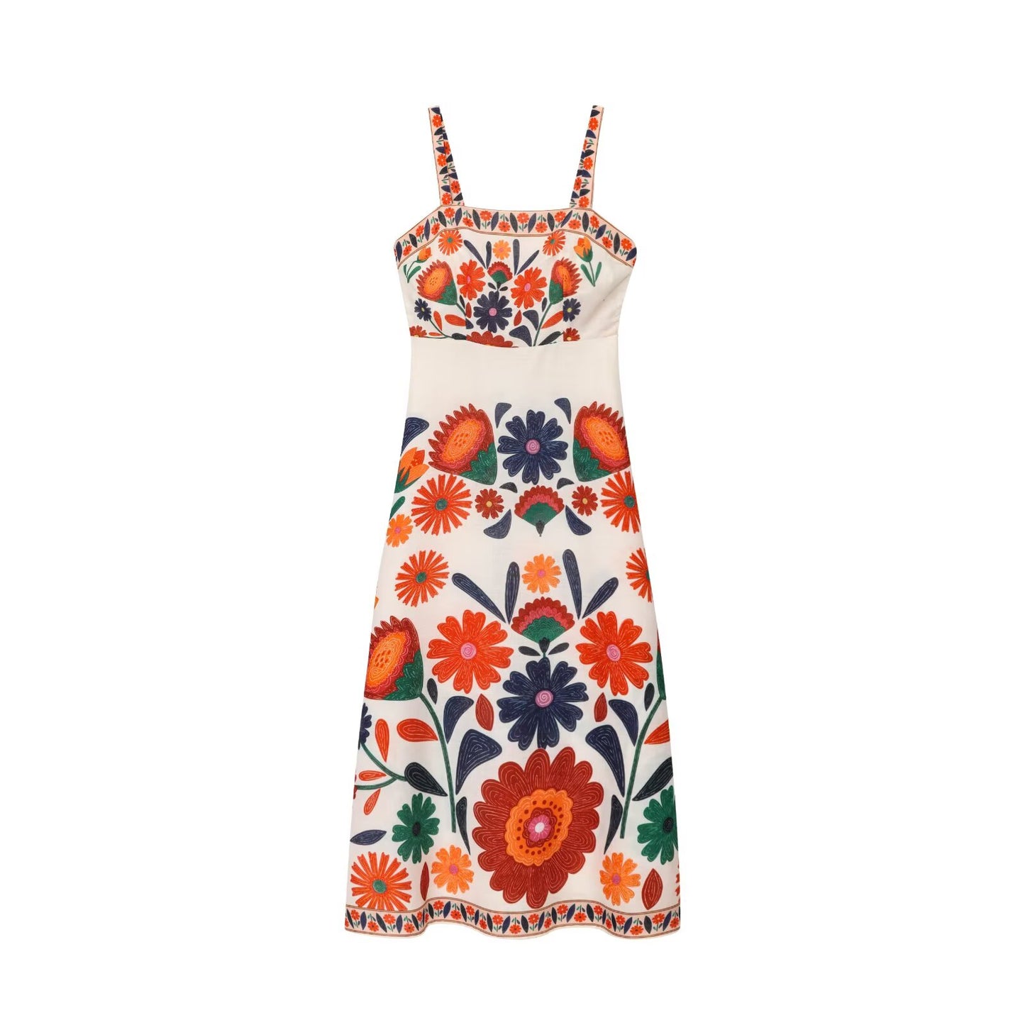 Malbusaat Floral Spaghetti Strap Slim Fit Maxi dress with vibrant orange and green floral print