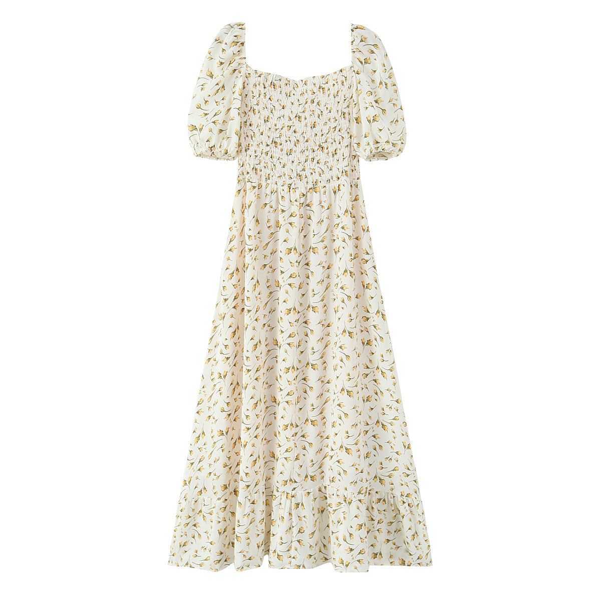 Malbusaat summer floral puff sleeve dress in a white A line design with yellow floral print