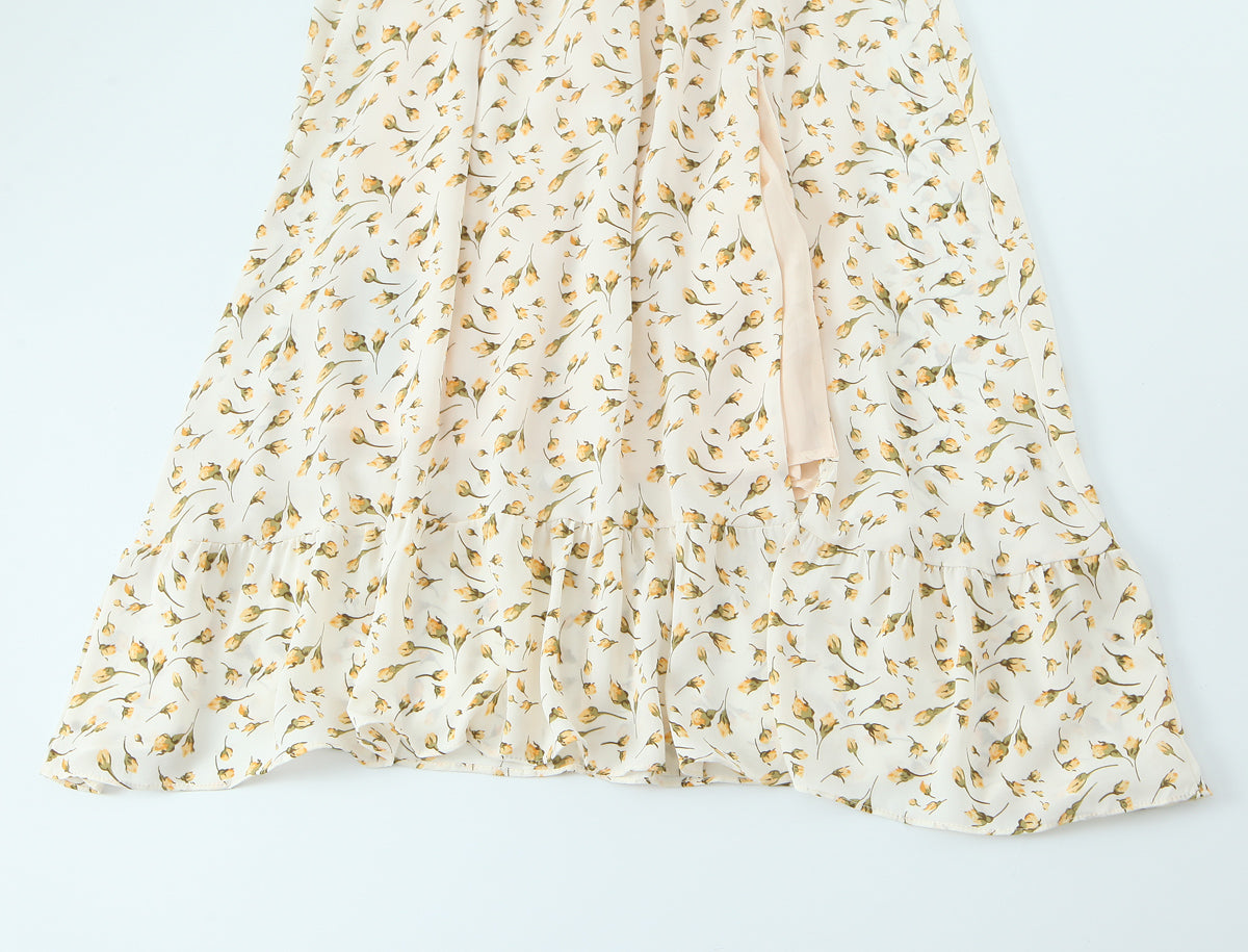 Malbusaat summer floral puff sleeve dress with delicate yellow floral print on a cream A line fabric