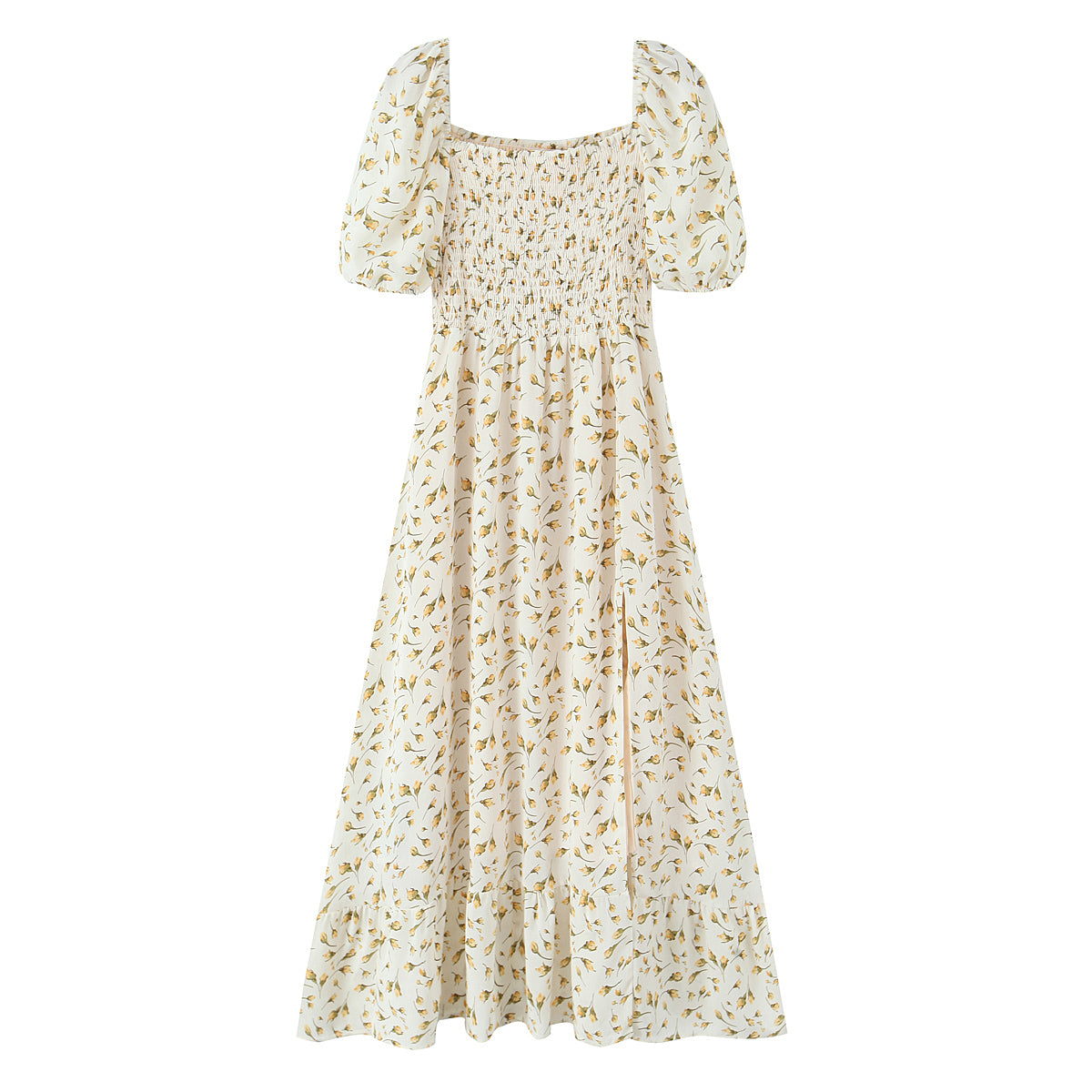 Malbusaat summer floral puff sleeve dress with smocked bodice and A-line silhouette