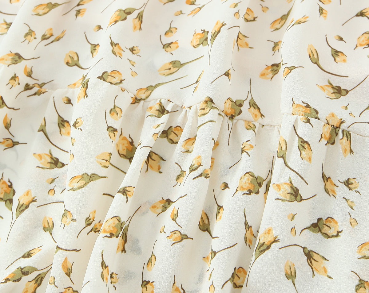 Malbusaat summer floral puff sleeve dress fabric with yellow flower pattern on white background