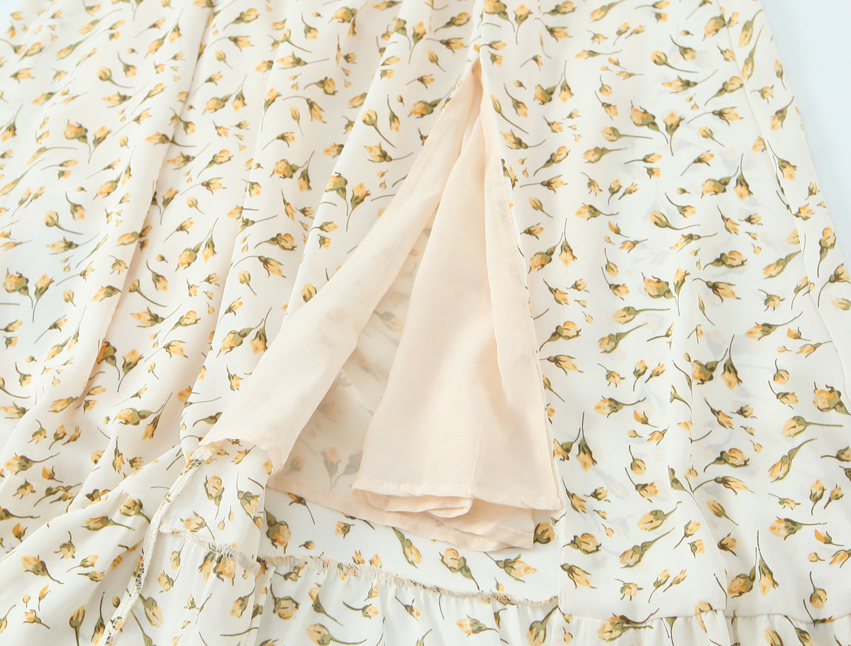 Malbusaat summer floral puff sleeve dress with delicate yellow flower print and soft fabric lining