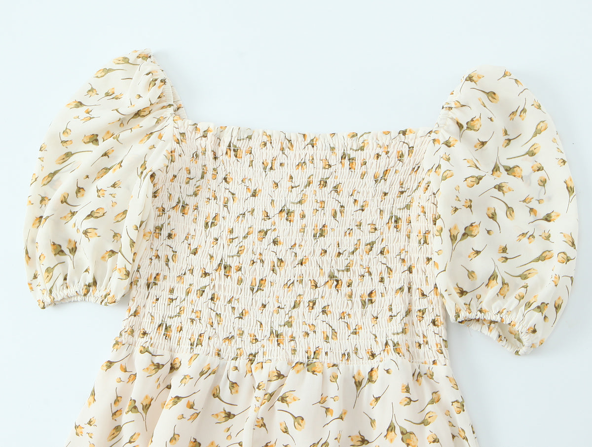 Malbusaat summer floral puff sleeve dress with elastic smocked bodice and A-line silhouette