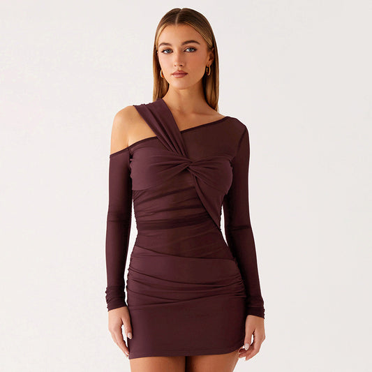 Malbusaat mesh see through short dress in burgundy with alluring off-shoulder design