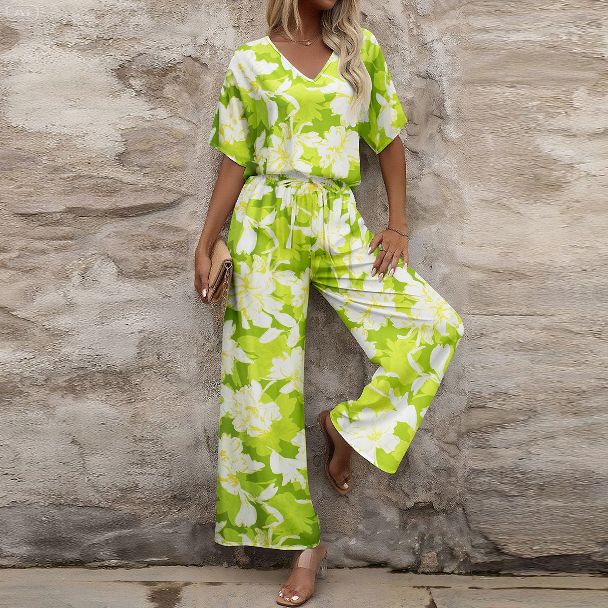 Malbusaat short sleeved ladies jumpsuit outfit in lime green with white floral print and wide legs