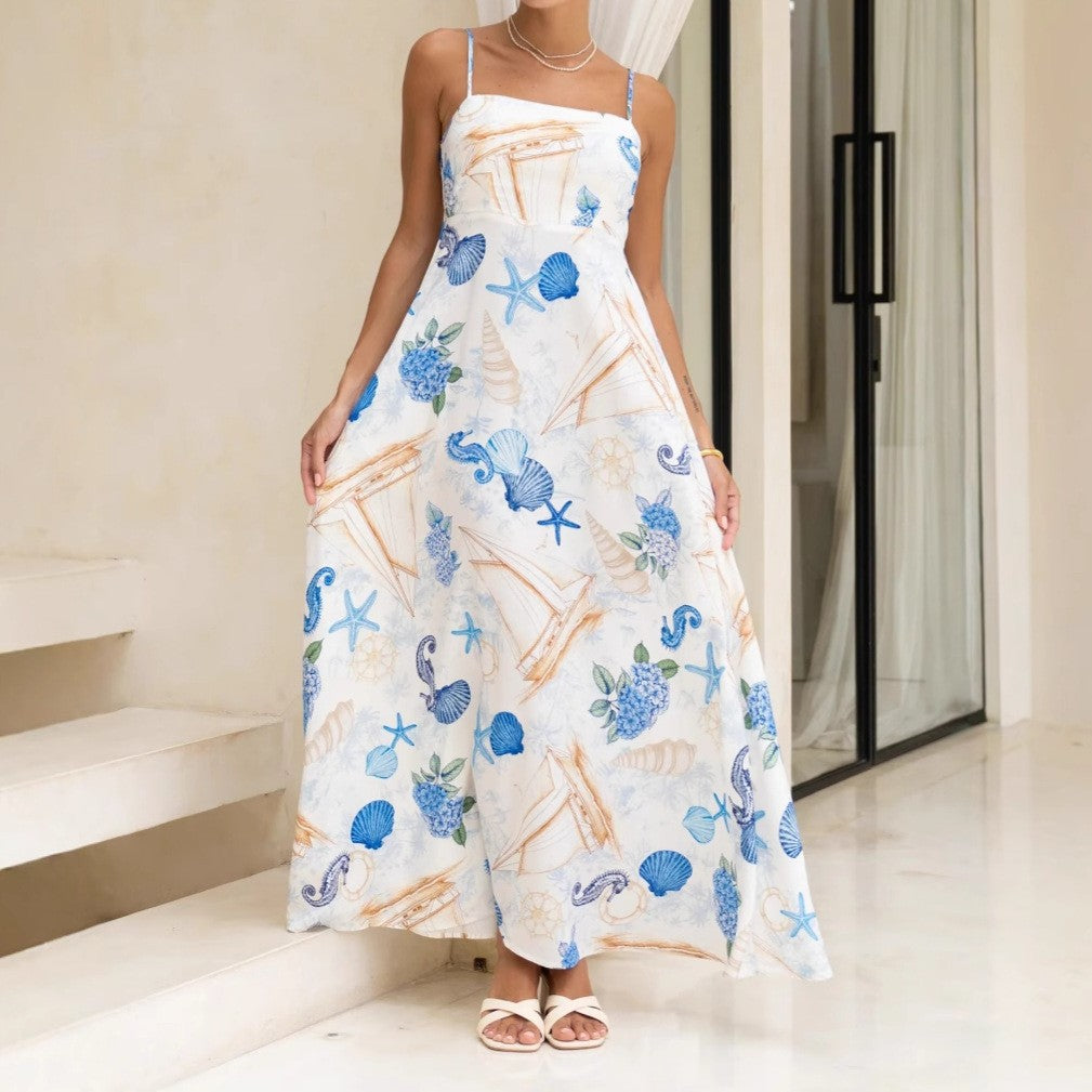 Malbusaat nautical print maxi dress with seashell patterns in blue and white, perfect for summer outings