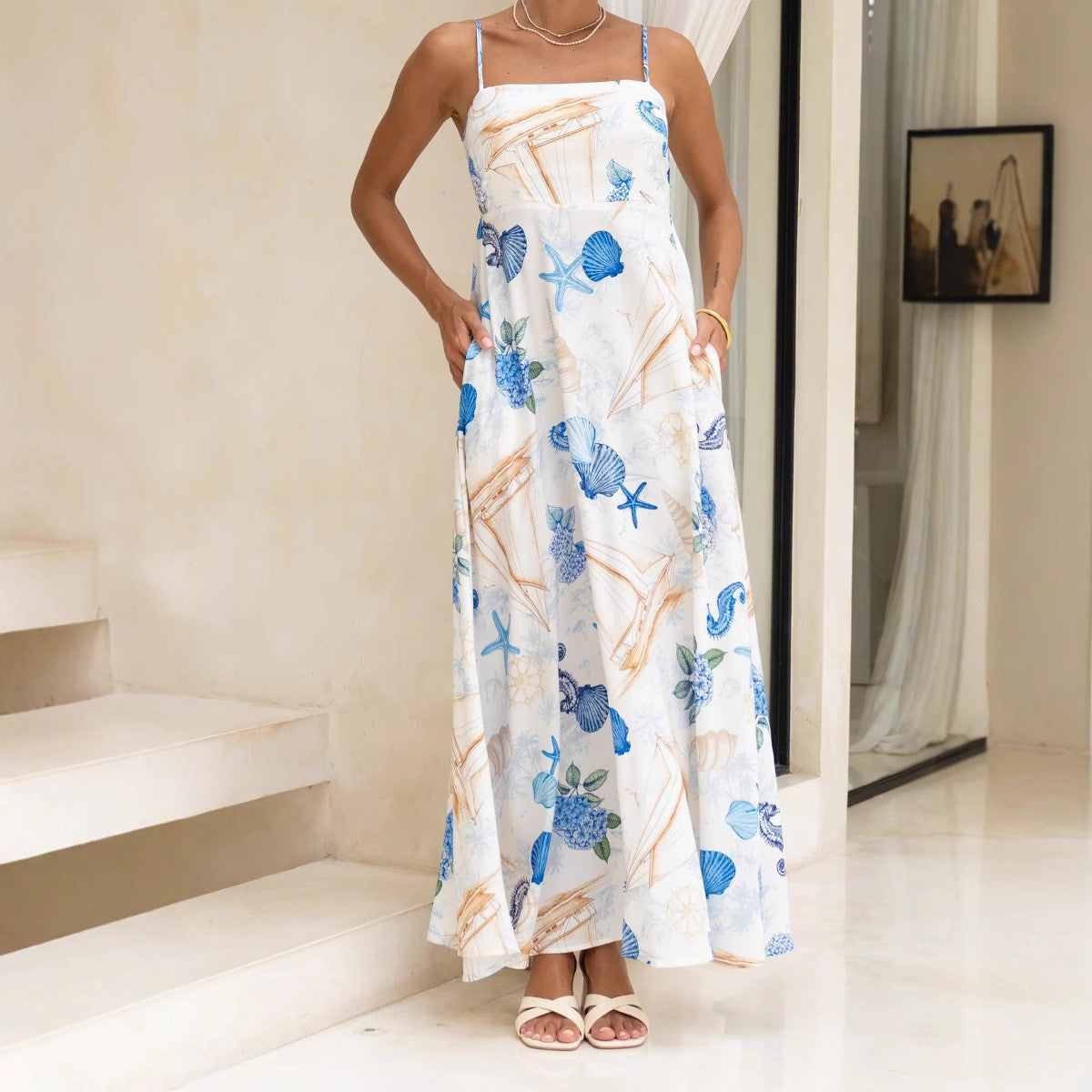 Malbusaat nautical print maxi dress featuring seashells and starfish for a stylish summer look