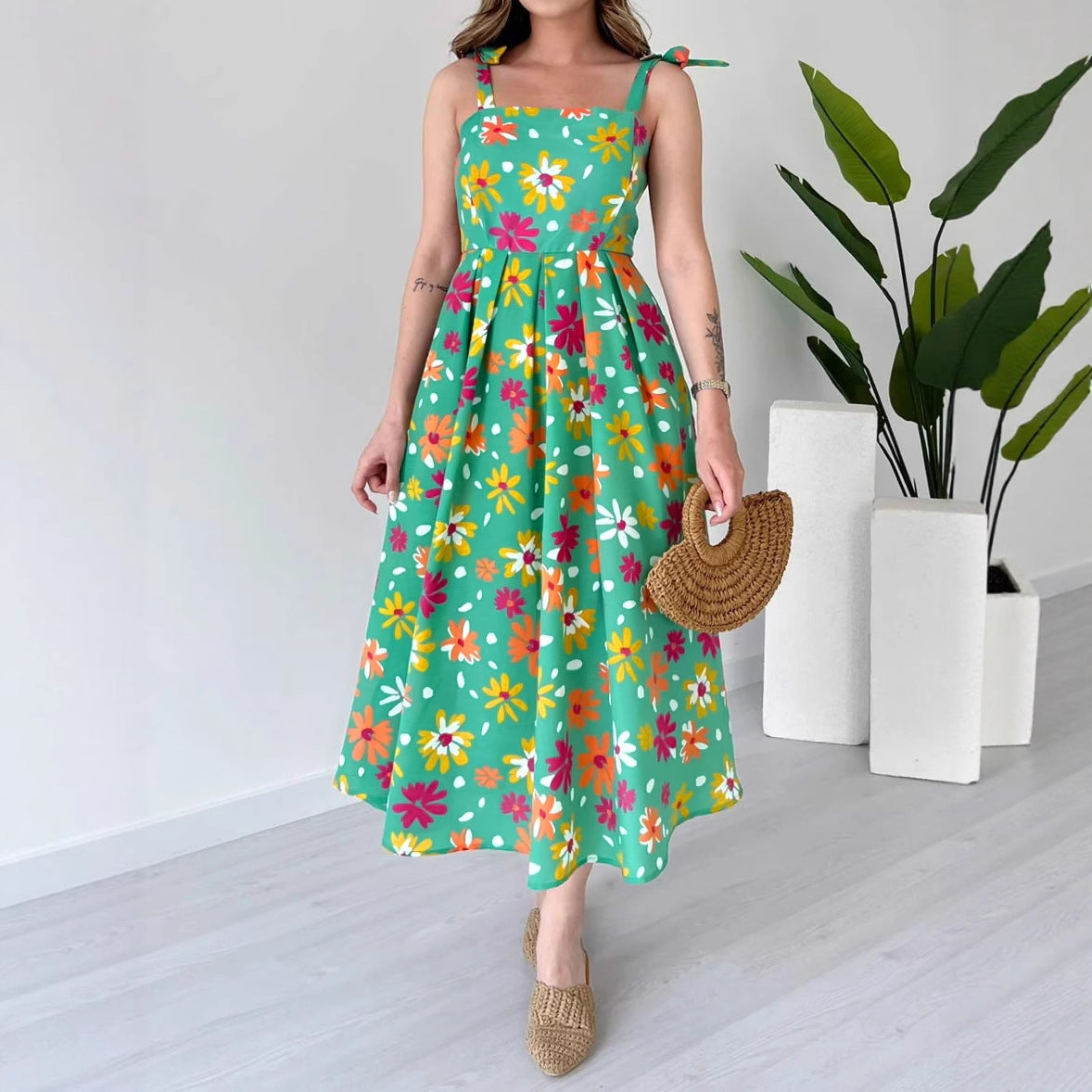 Malbusaat off shoulder floral midi dress in vibrant colours with a flowy fit, perfect for summer outings