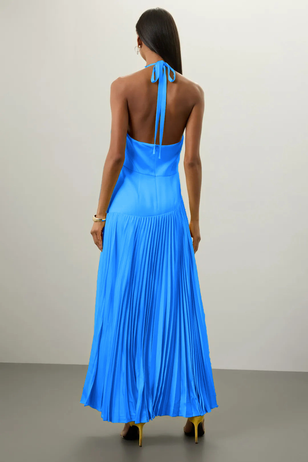 Malbusaat pleated halter dress for summer in bright blue with floor-length design and back tie closure