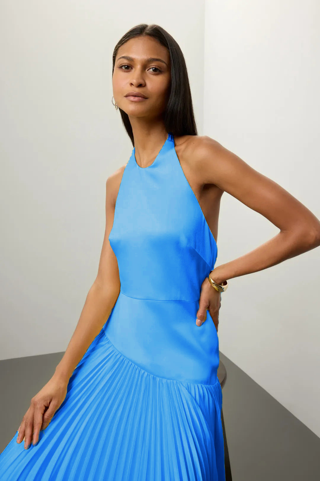 Malbusaat blue Pleated Halter Dress for Summer with a sleeveless design and flowing skirt