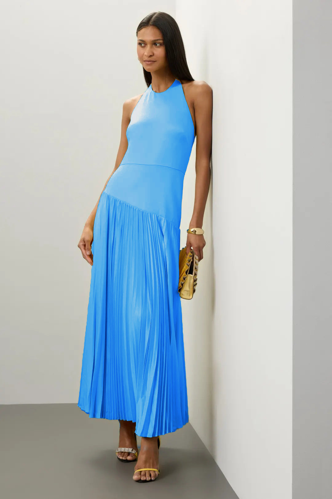 Malbusaat blue Pleated Halter Dress for Summer with flowing skirt and sleeveless design