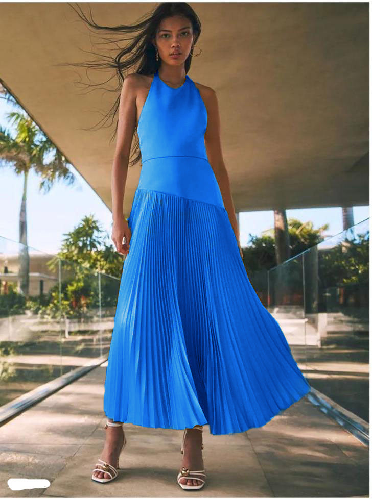 Malbusaat Pleated Halter Dress for Summer in bright blue with flowing pleated skirt and sleeveless design