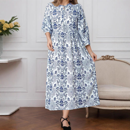 Malbusaat printed lace up maxi dress in blue floral pattern with three-quarter sleeves for a stylish look