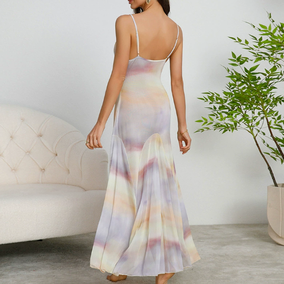 Elegant printed mesh suspender nightdress in soft pastel colours, perfect for evening wear