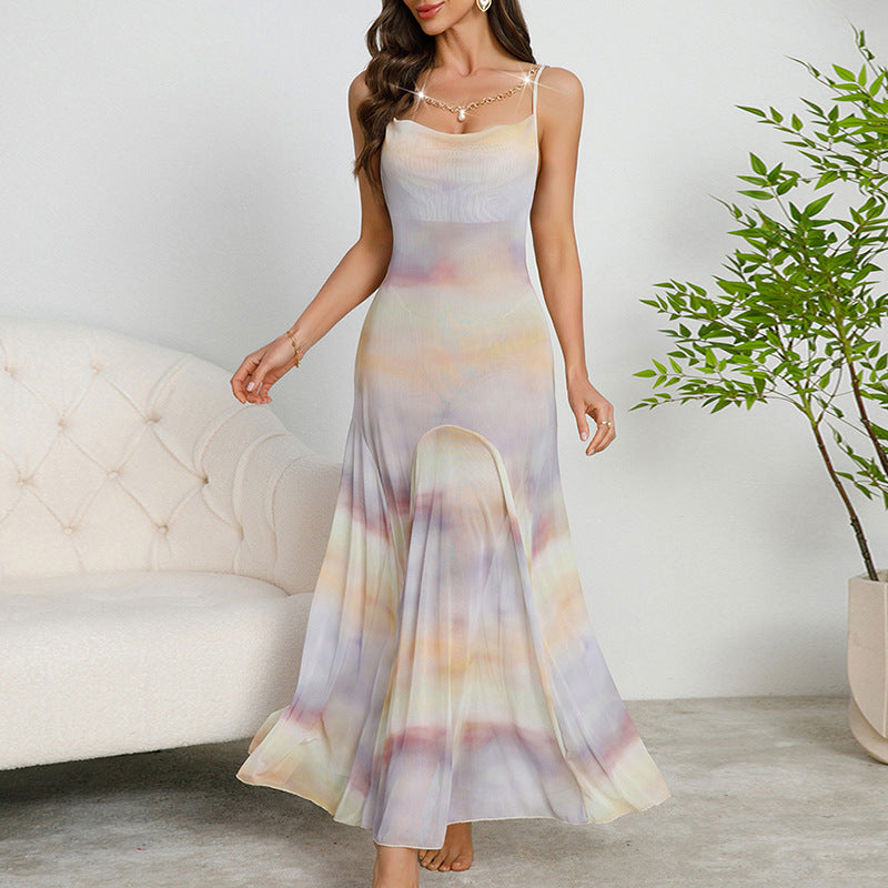 Stylish printed mesh suspender nightdress in pastel colours for a comfortable night's sleep