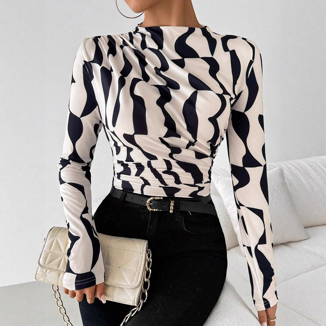 Malbusaat printed pleated slim fit top in a stylish black and white pattern, perfect for chic outings