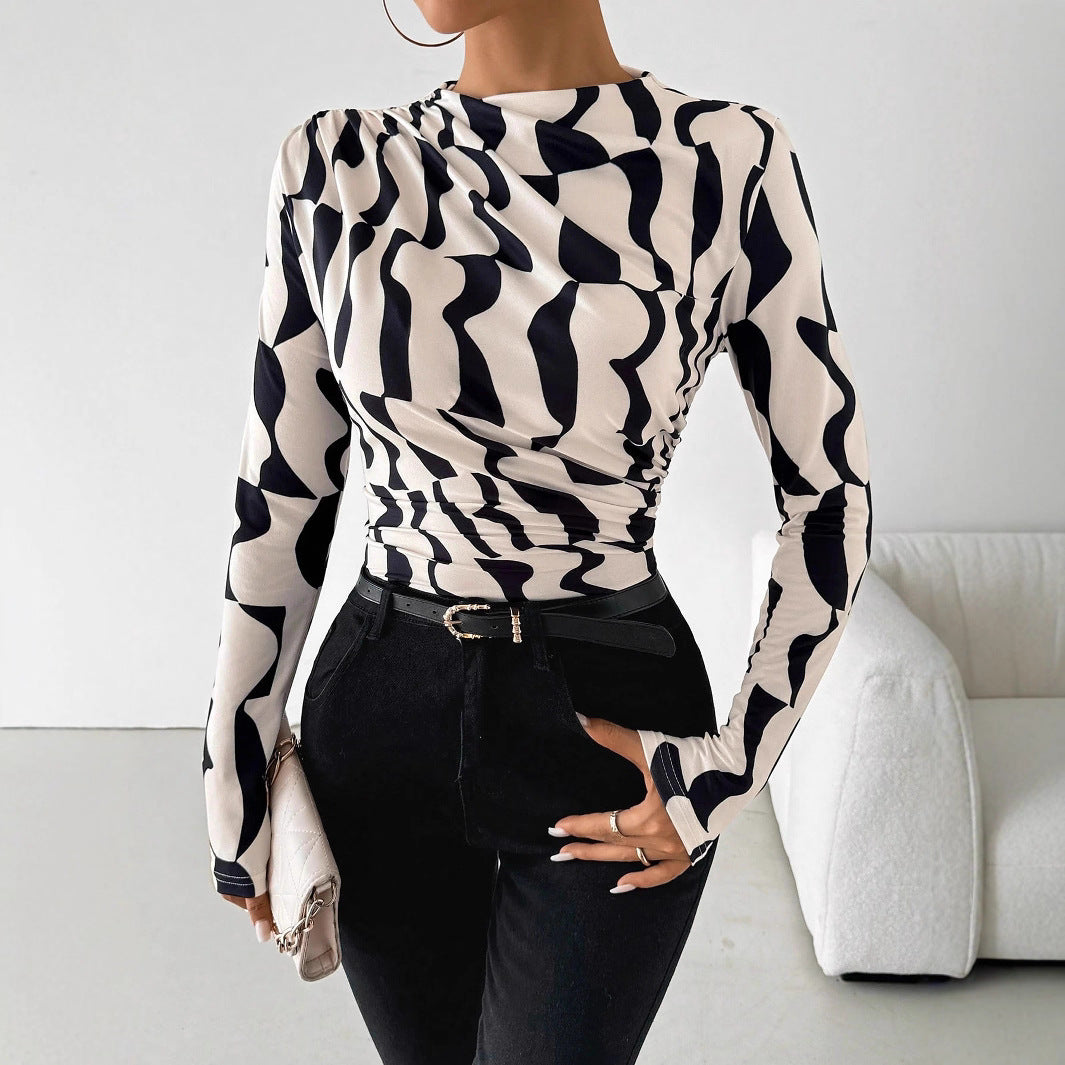 Malbusaat printed pleated slim fit top in stylish black and white pattern, perfect for stylish occasions