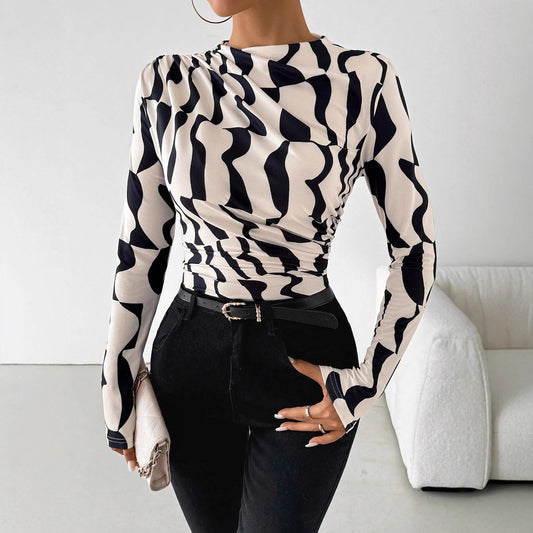 Malbusaat printed pleated slim fit top in stylish black and white pattern, perfect for stylish occasions