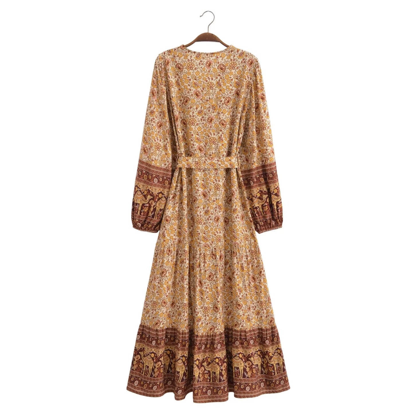 Malbusaat printed rayon maxi dress for women with long sleeves and intricate floral and border patterns