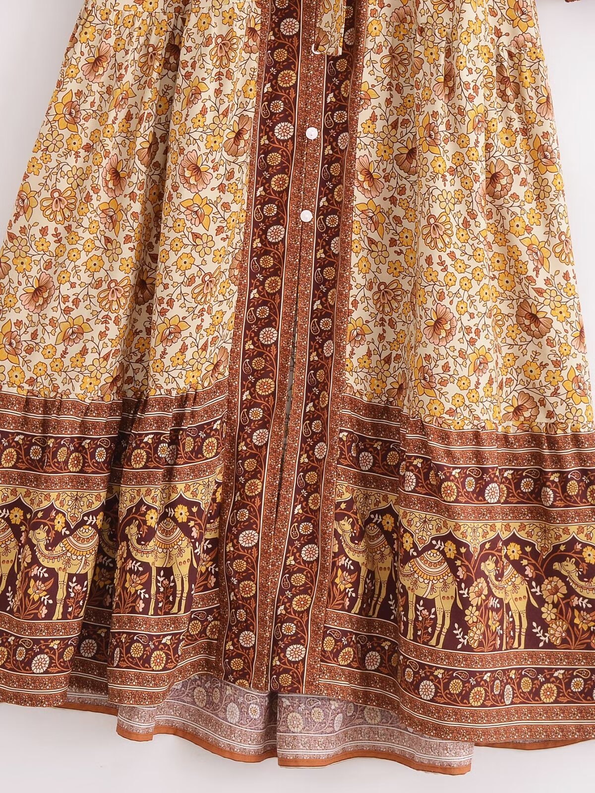 Malbusaat printed rayon maxi dress for women with floral and camel border design in warm tones