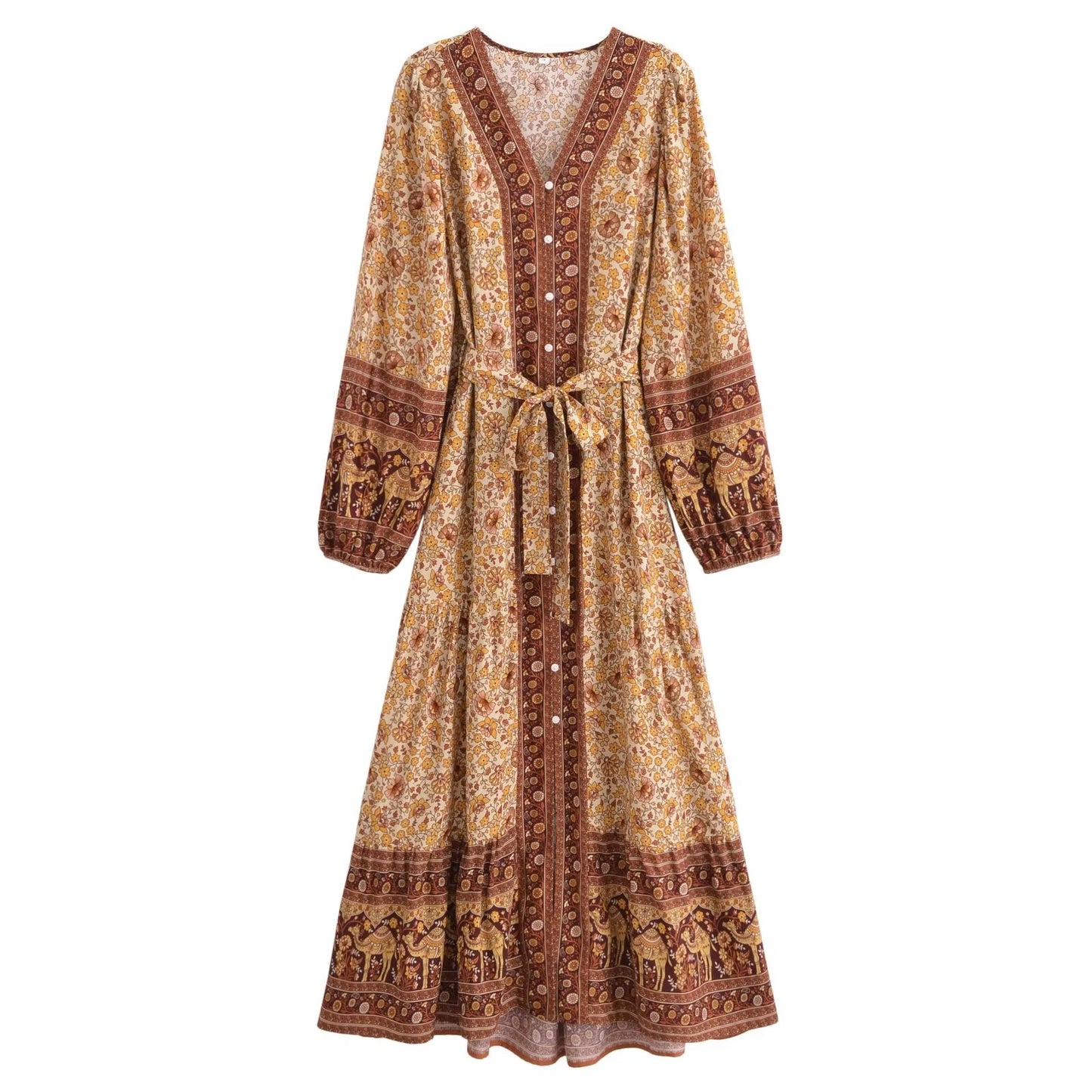Malbusaat printed rayon maxi dress for women with long sleeves and intricate brown and yellow patterns