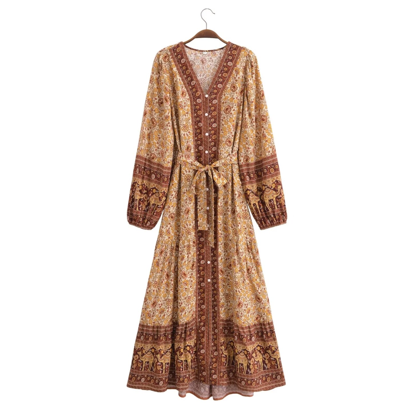 Malbusaat printed rayon maxi dress for women with long sleeves and a waist tie detail