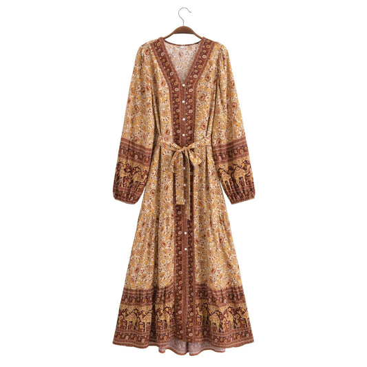 Malbusaat printed rayon maxi dress for women with long sleeves and a waist tie detail