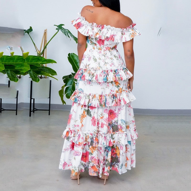 Beautiful floral printed ruffled dress UK featuring off-shoulder design and multiple layers