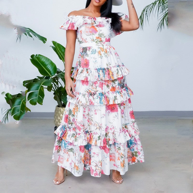 Malbusaat printed ruffled dress UK with vibrant floral patterns and layered design for summer occasions