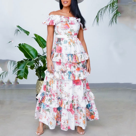Stylish printed ruffled dress UK in floral design with layered frills for a chic summer look