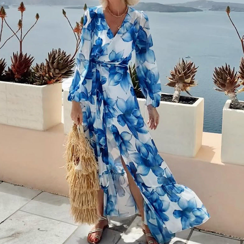 Malbusaat printed v neck tiered dress in blue floral design for stylish summer outings