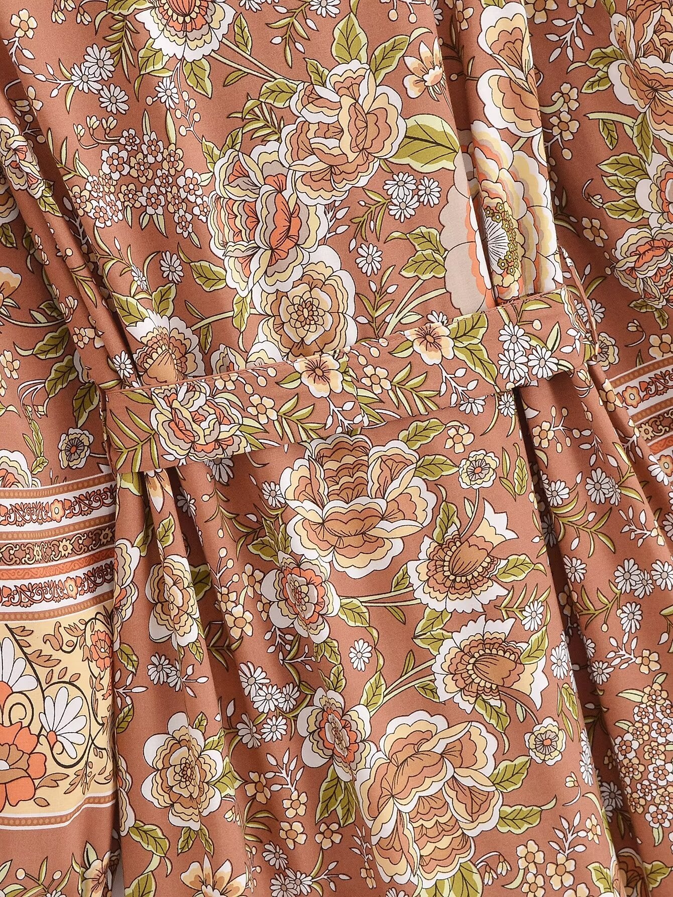 Malbusaat rayon printed long sleeve dress with floral pattern and earthy tones close-up