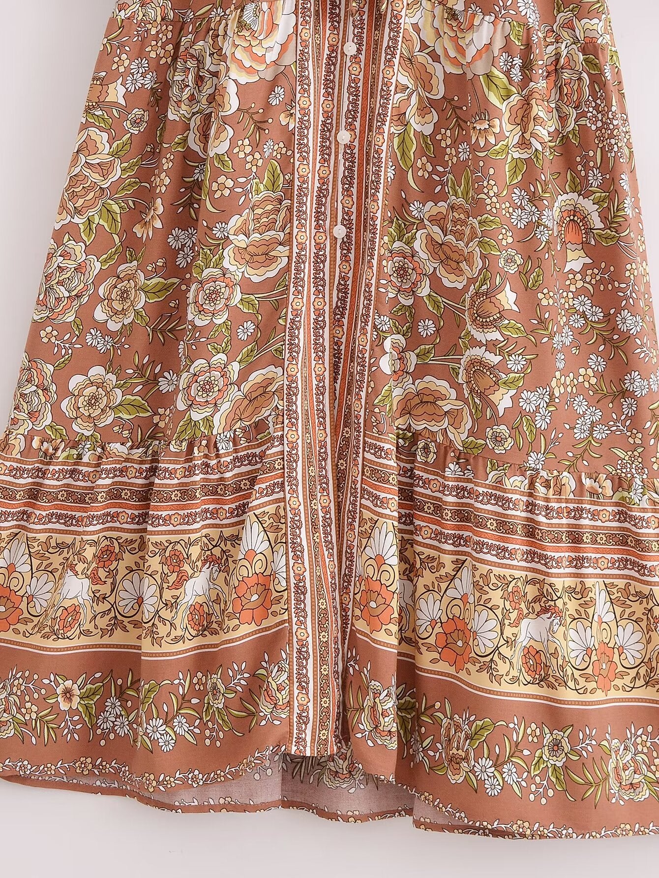 Malbusaat rayon printed long sleeve dress with floral pattern in earthy tones and buttoned front