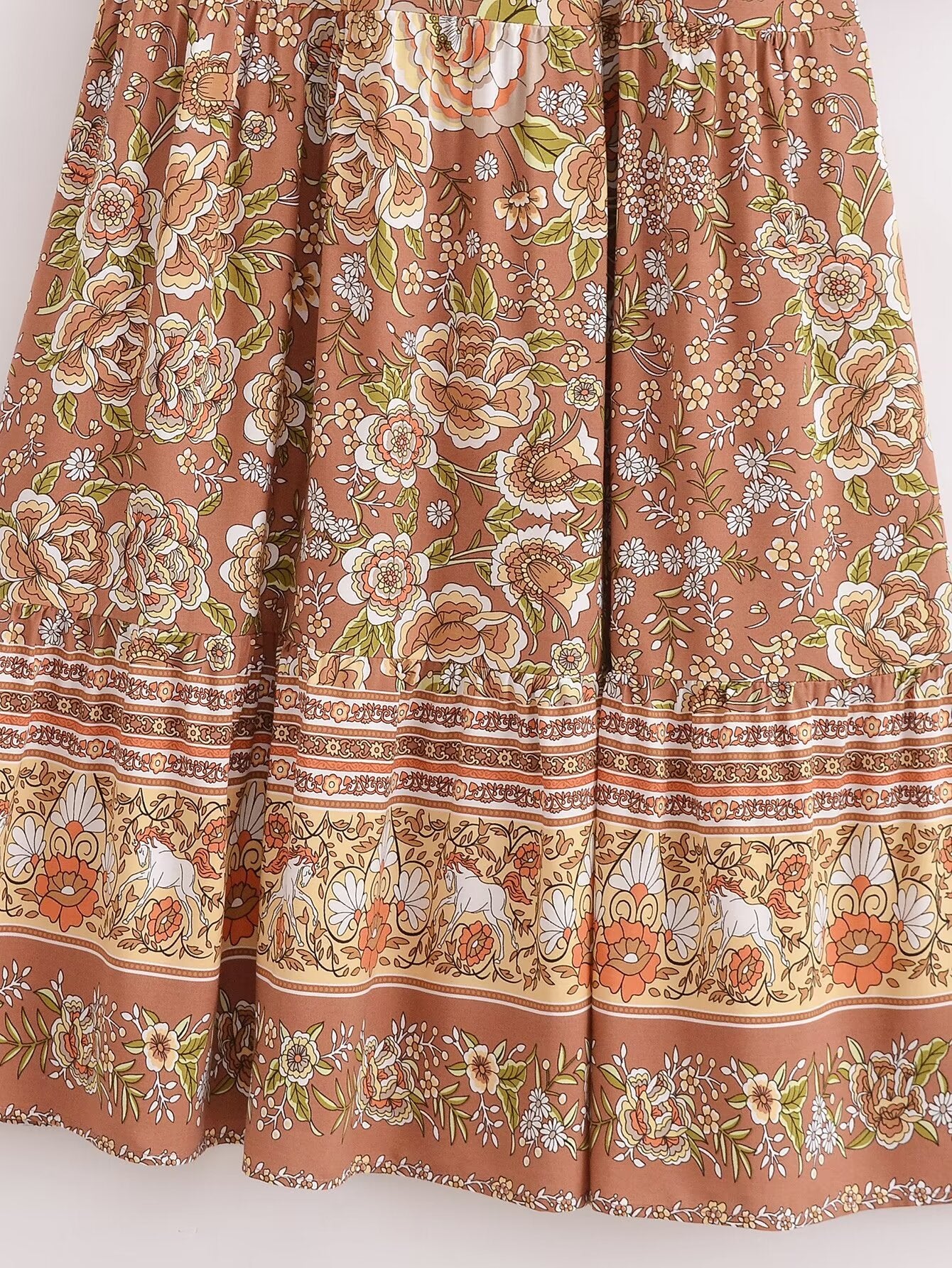 Malbusaat rayon printed long sleeve dress with floral patterns and earthy tones