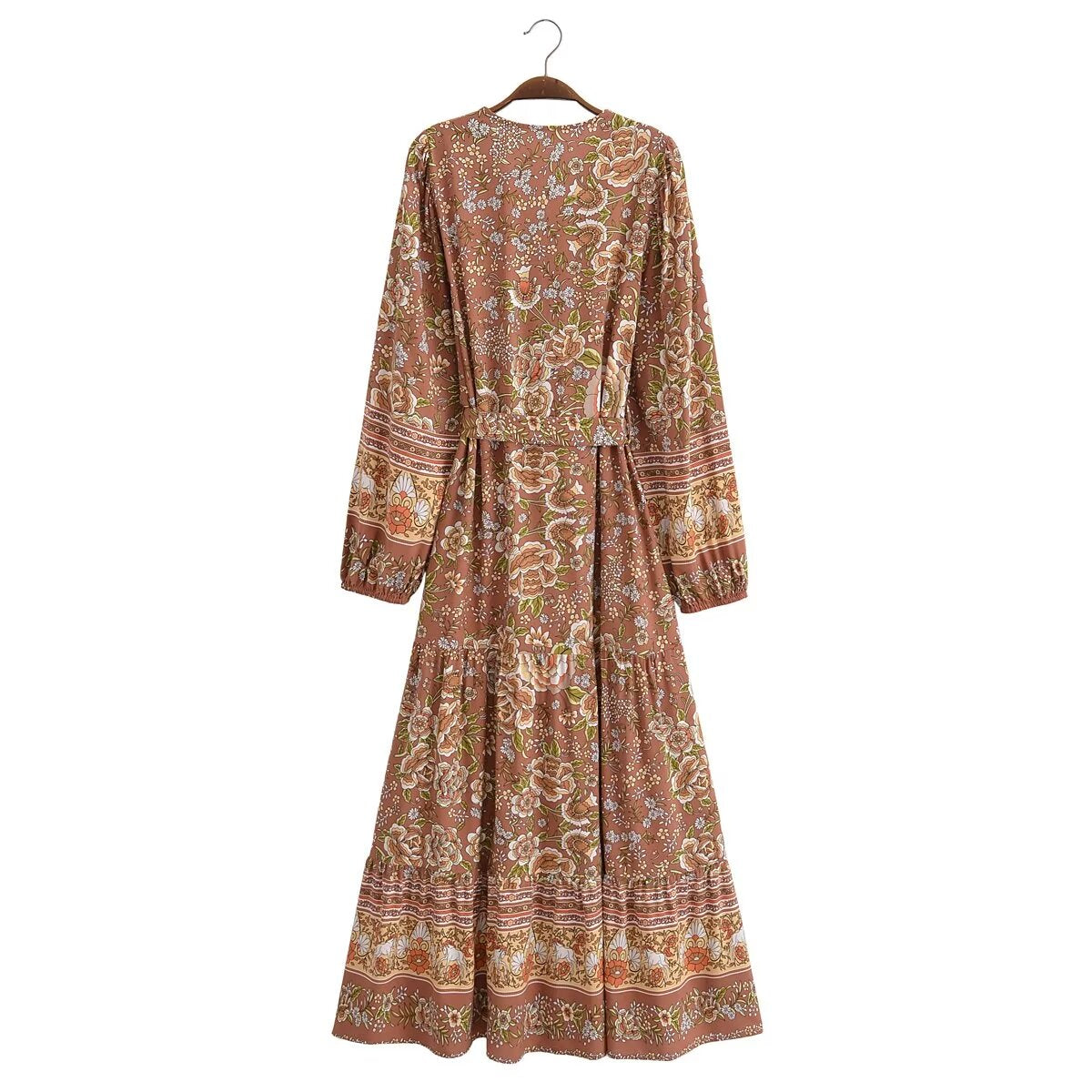 Malbusaat rayon printed long sleeve dress with floral patterns and tiered skirt design