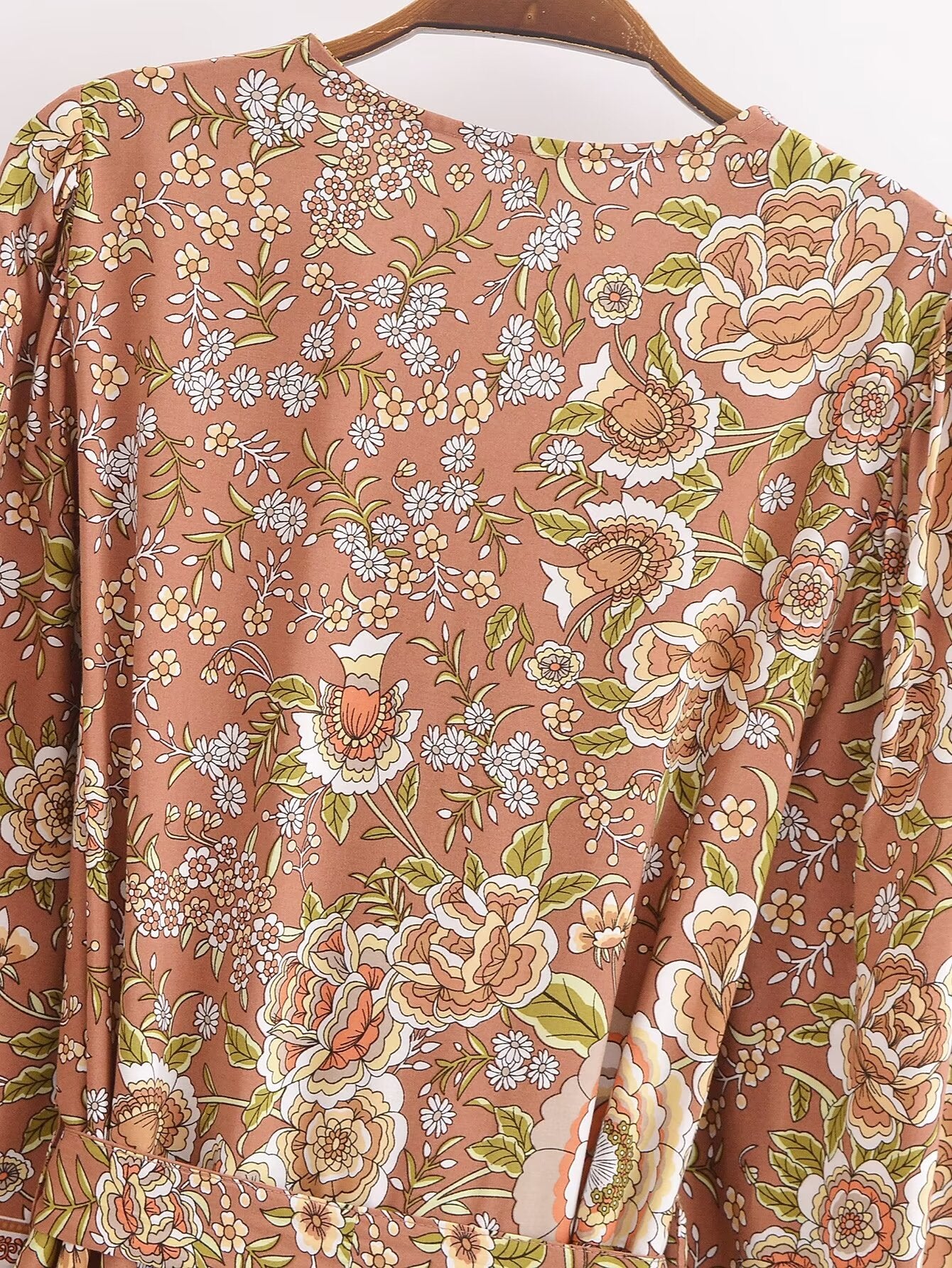 Malbusaat rayon printed long sleeve dress with floral pattern in warm earthy tones