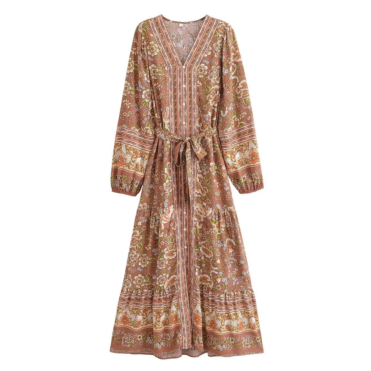Malbusaat rayon printed long sleeve dress with floral pattern and waist tie in earthy tones