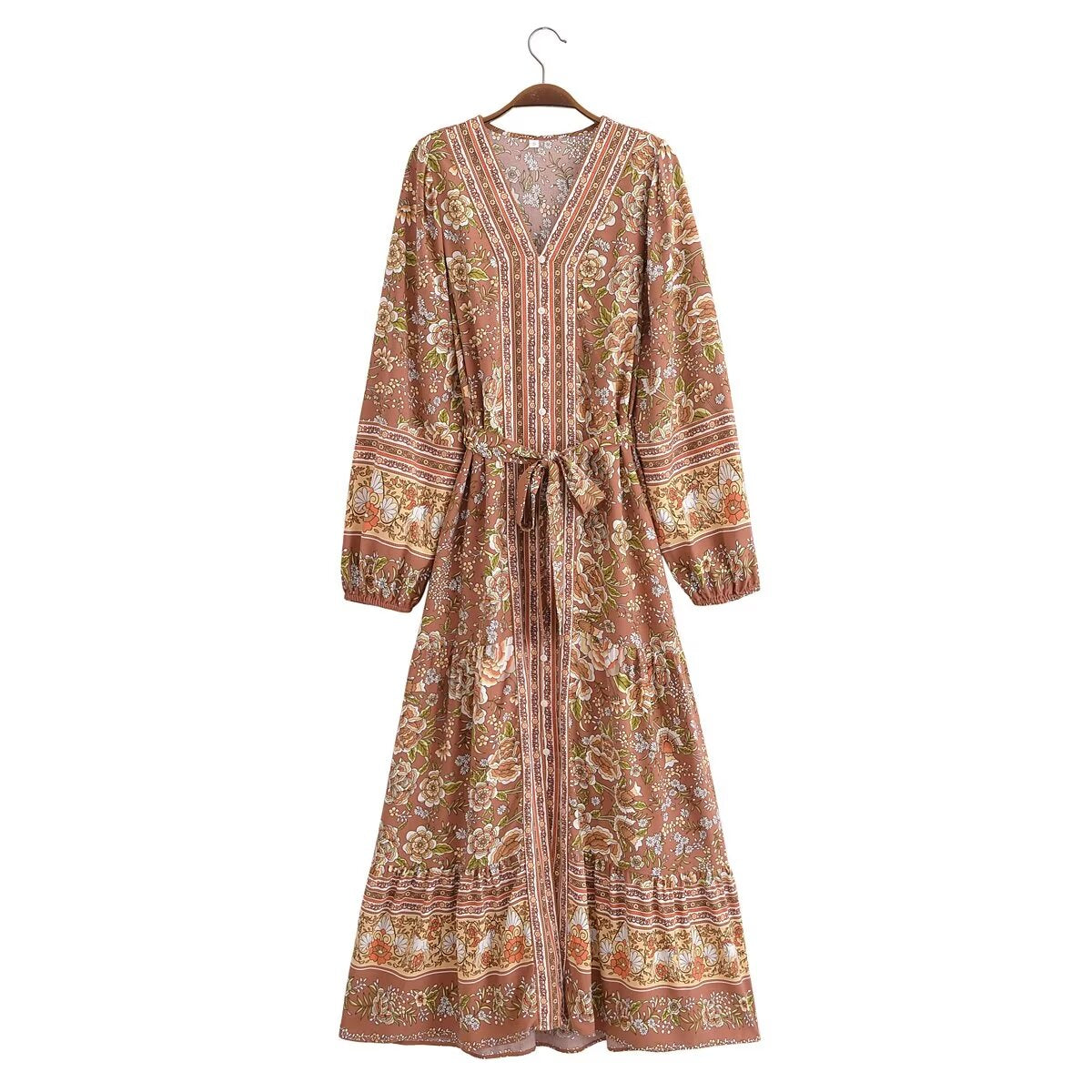 Malbusaat rayon printed long sleeve dress with floral pattern and tie waist in earthy tones