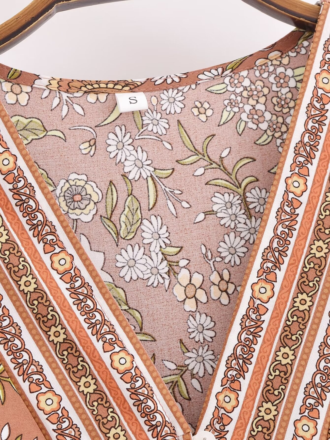 Malbusaat rayon printed long sleeve dress with floral and geometric patterns in muted tones
