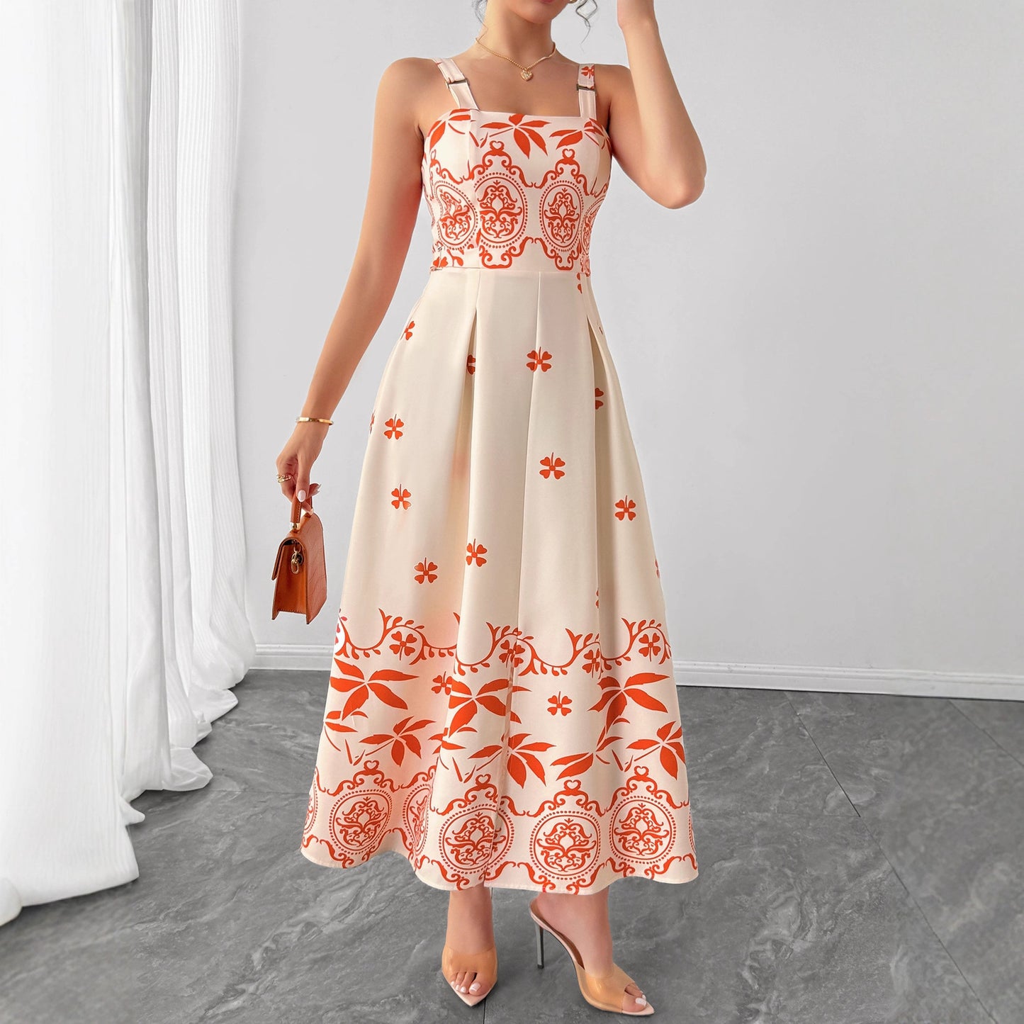 PLAYA Retro Waist Maxi Dress in Cream with Orange Floral Patterns for Summer Fashion